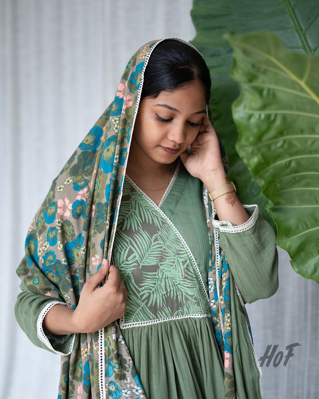 MyHof Olive Green Long Gown With Dupatta Set In Cotton