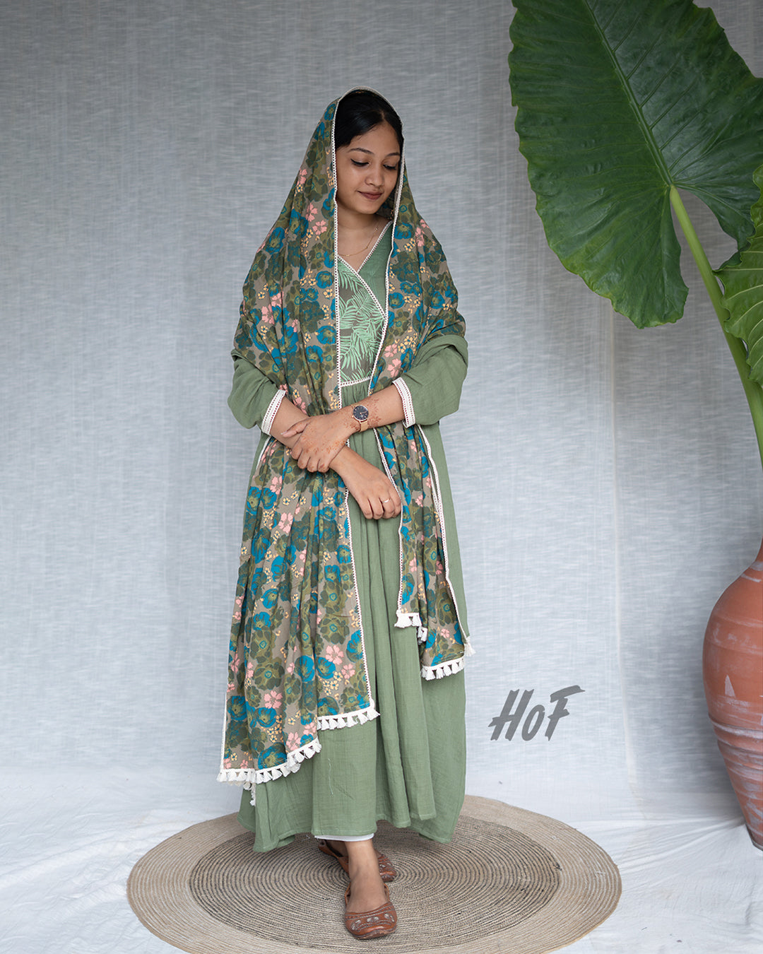 MyHof Olive Green Long Gown With Dupatta Set In Cotton