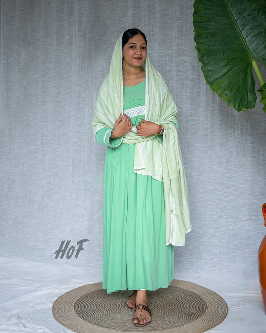 MyHof Pista Green Long Gown With Dupatta Set In Cotton