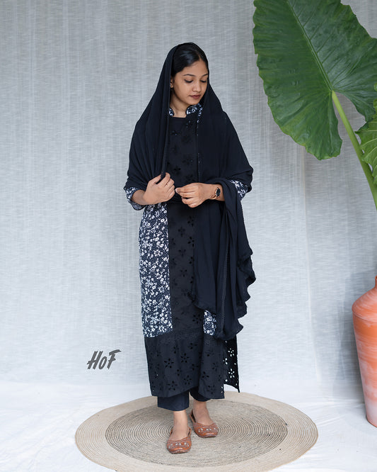 MyHof Black Floral Printed Suit Set In Cotton