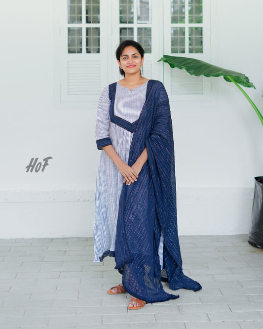 MyHof Blue Striped Long Top With Dupatta