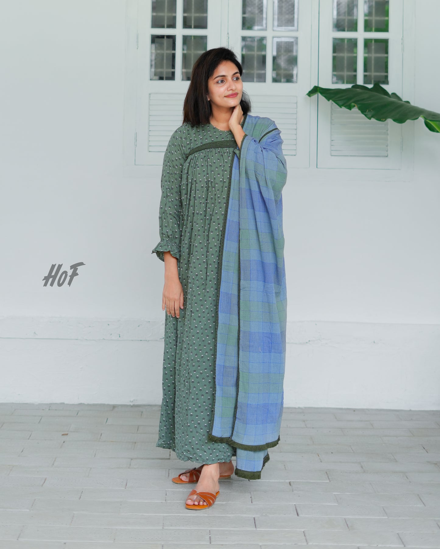 MyHof Dark Dusky Green Long Top with Dupatta