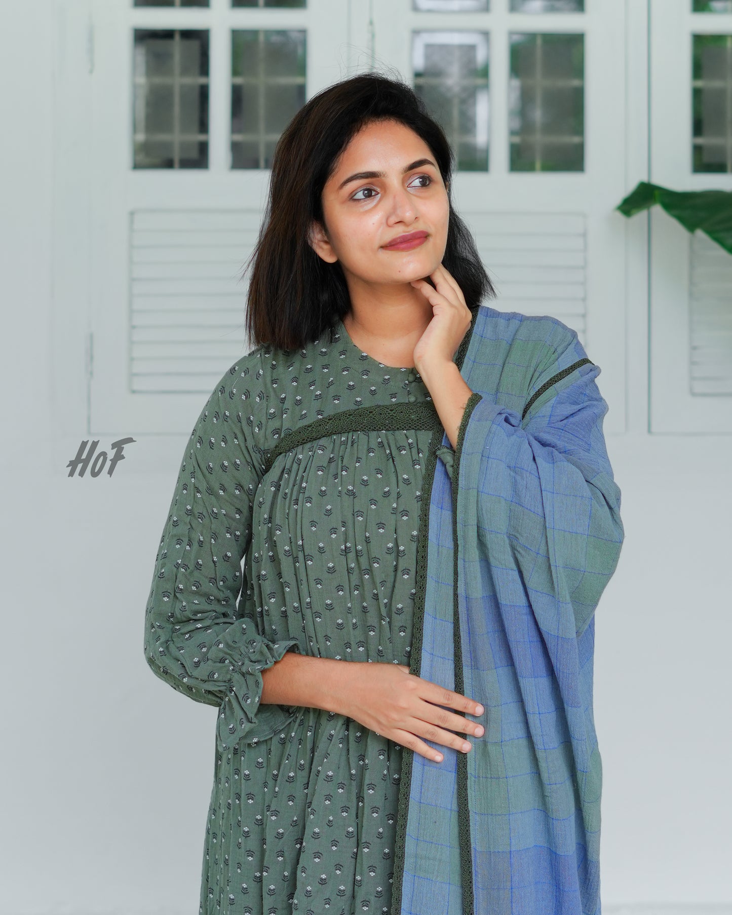 MyHof Dark Dusky Green Long Top with Dupatta