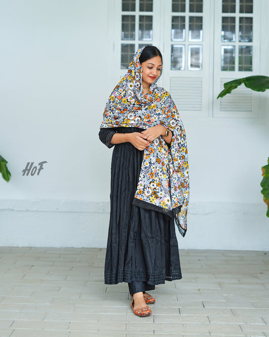 MyHof Black Flared Suit Set With Floral Printed Dupatta In Cotton