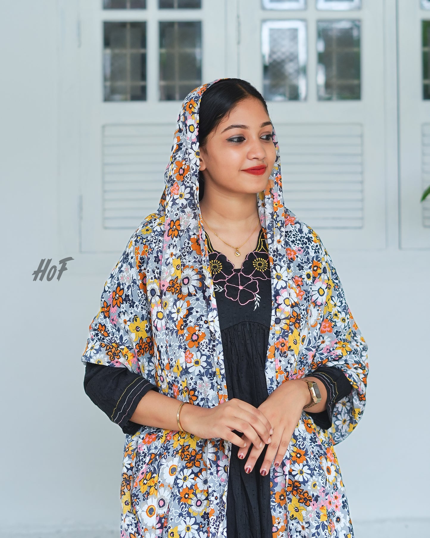 MyHof Black Flared Suit Set With Floral Printed Dupatta In Cotton