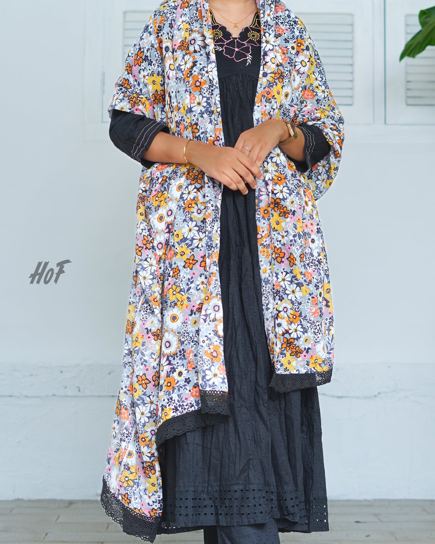 MyHof Black Flared Suit Set With Floral Printed Dupatta In Cotton