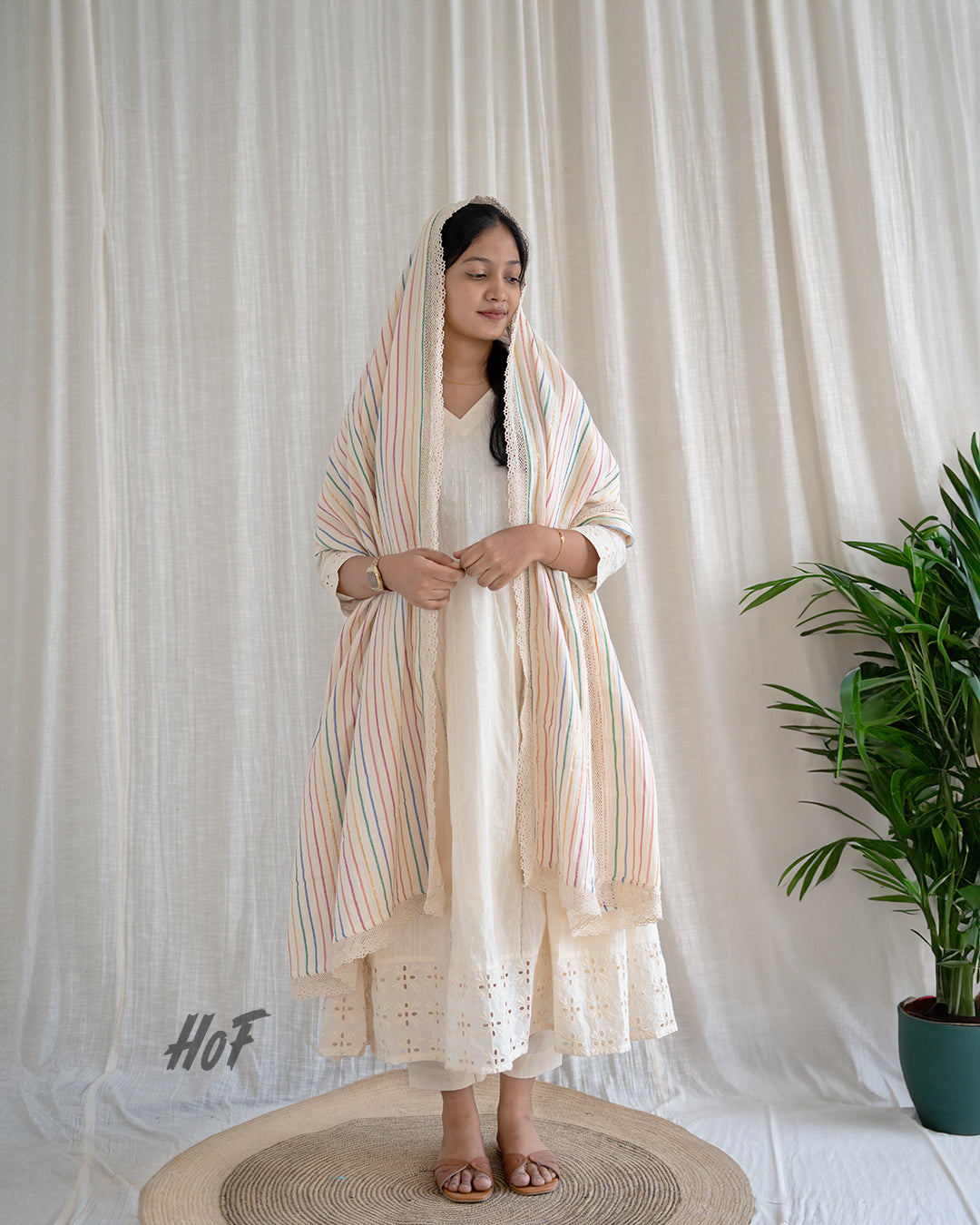 MyHof Off-White Suit With Multi Color Duppatta Set In Cotton