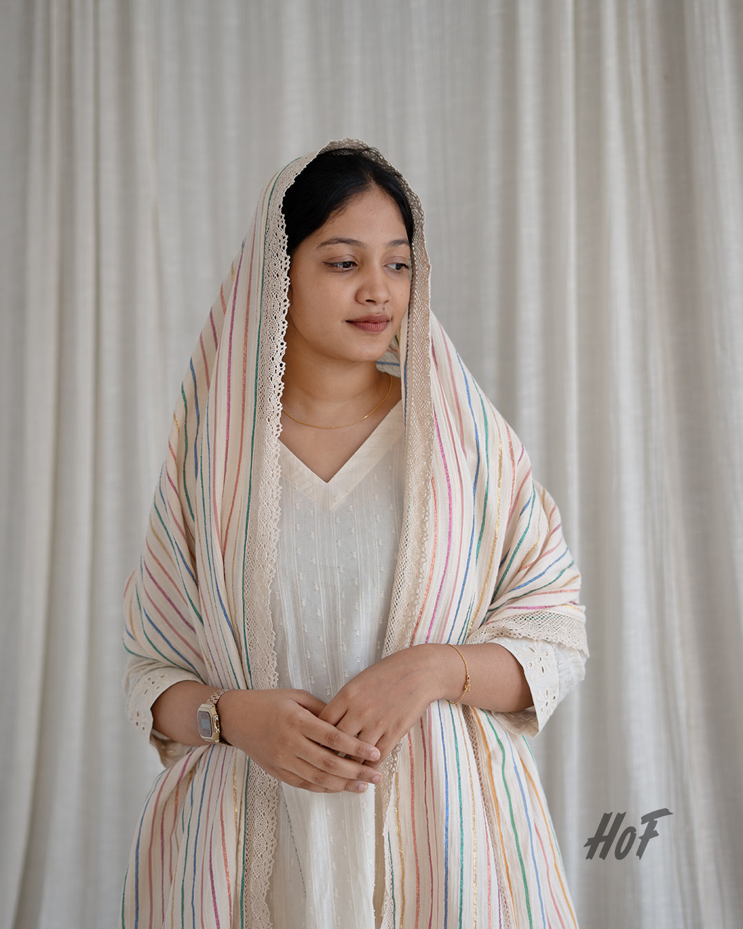 MyHof Off-White Suit With Multi Color Duppatta Set In Cotton