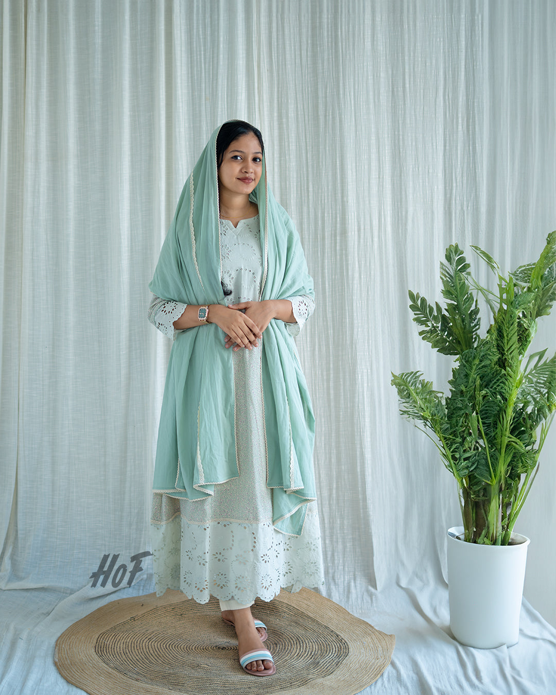 MyHof Pastel Green Printed Long Gown With Duppatta Set