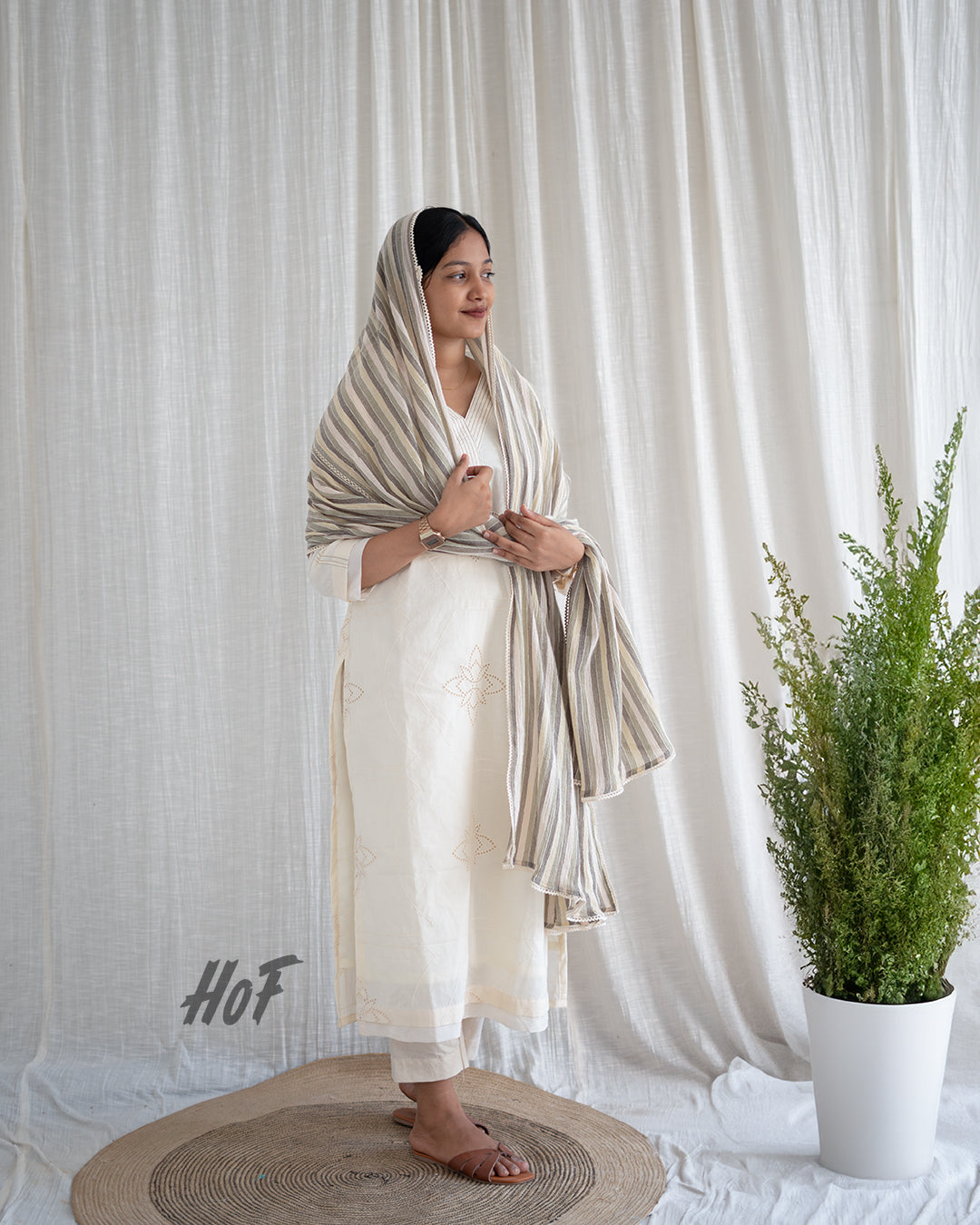 MyHof Off-White Suit With Green Lined Duppatta Set In Cotton