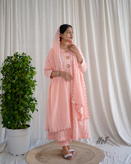 MyHof Peach Embroidery Anarkali Suit Set In Cotton