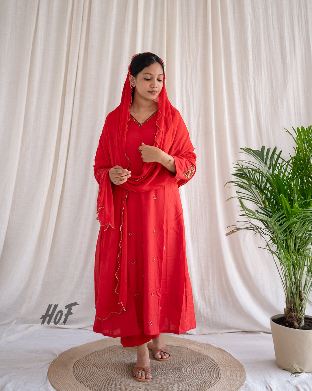 MyHof Red Hand Embroidered Suit Set In Muslin