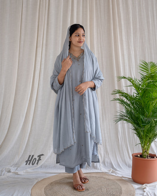 MyHof Ash Grey Hand Embroidered Suit Set In Muslin