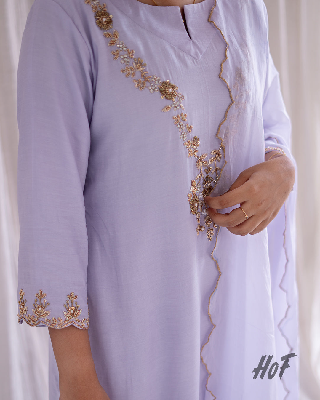 MyHof Lavender Hand Embroidered Suit Set In Muslin