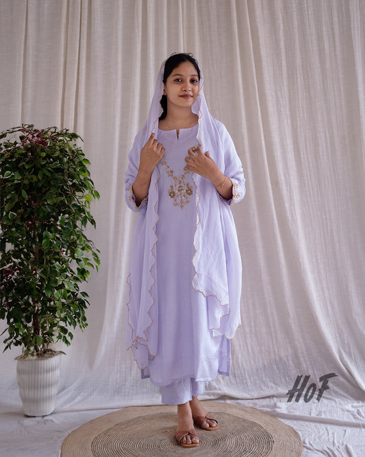 MyHof Lavender Hand Embroidered Suit Set In Muslin