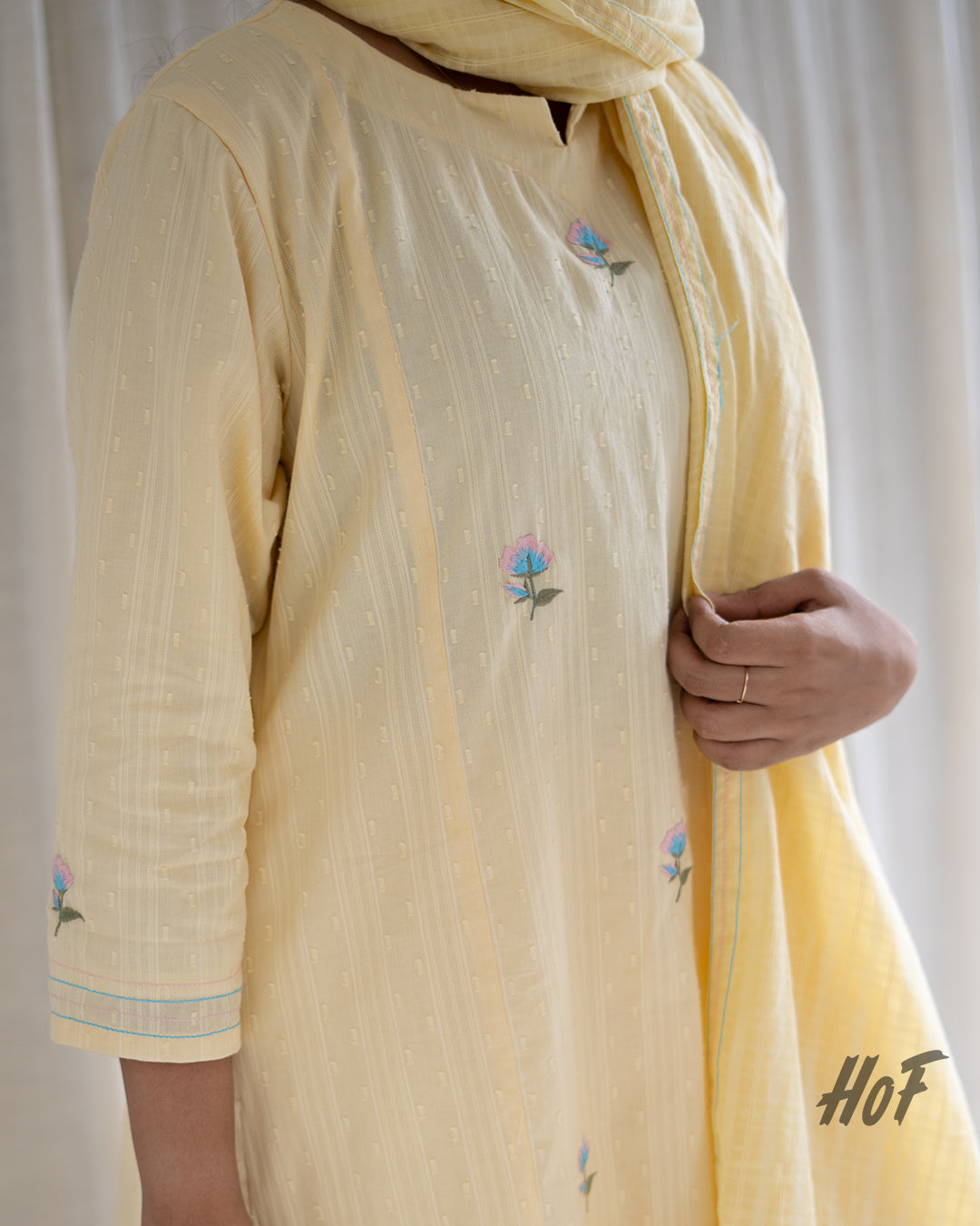 MyHof Yellow Suit Set With Floral Embroidery In Cotton