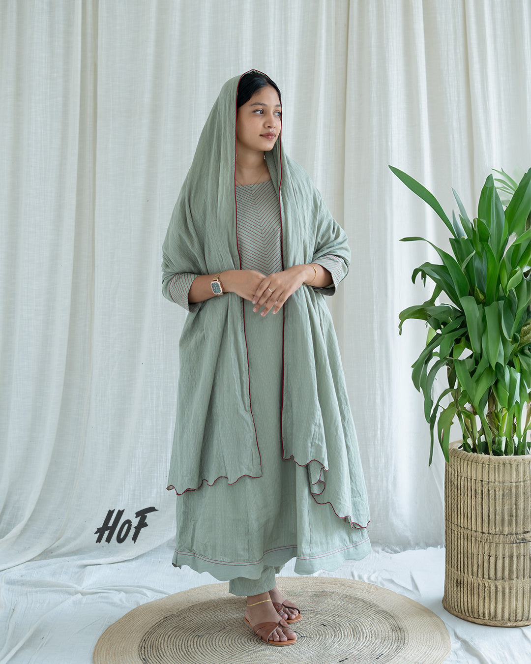 MyHof Olive Green Suit Set With Red Thread Work In Cotton