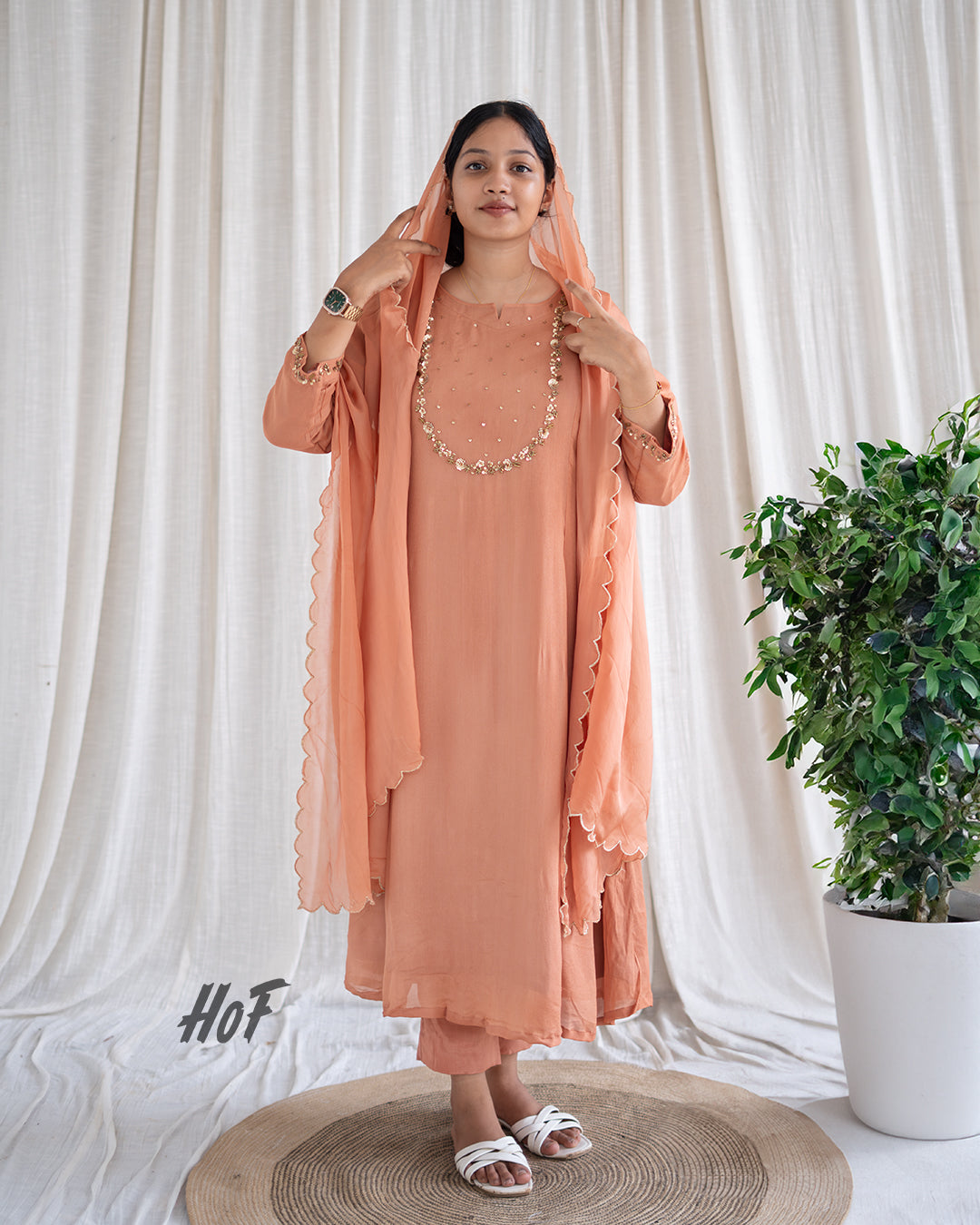 MyHof Peach Hand Embroidery Suit Set In Georgette