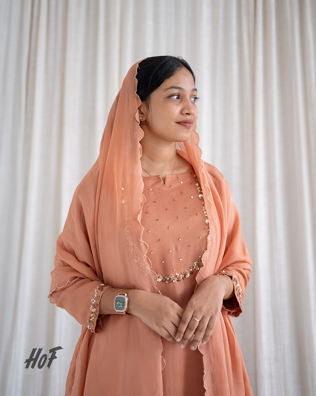 MyHof Peach Hand Embroidery Suit Set In Georgette