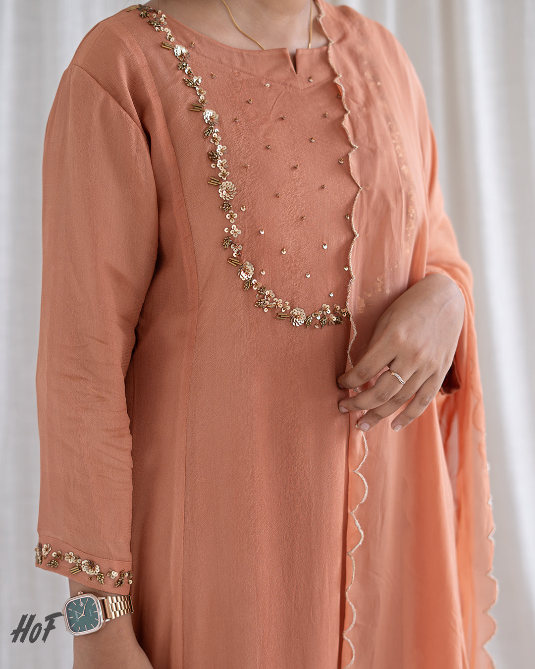 MyHof Peach Hand Embroidery Suit Set In Georgette