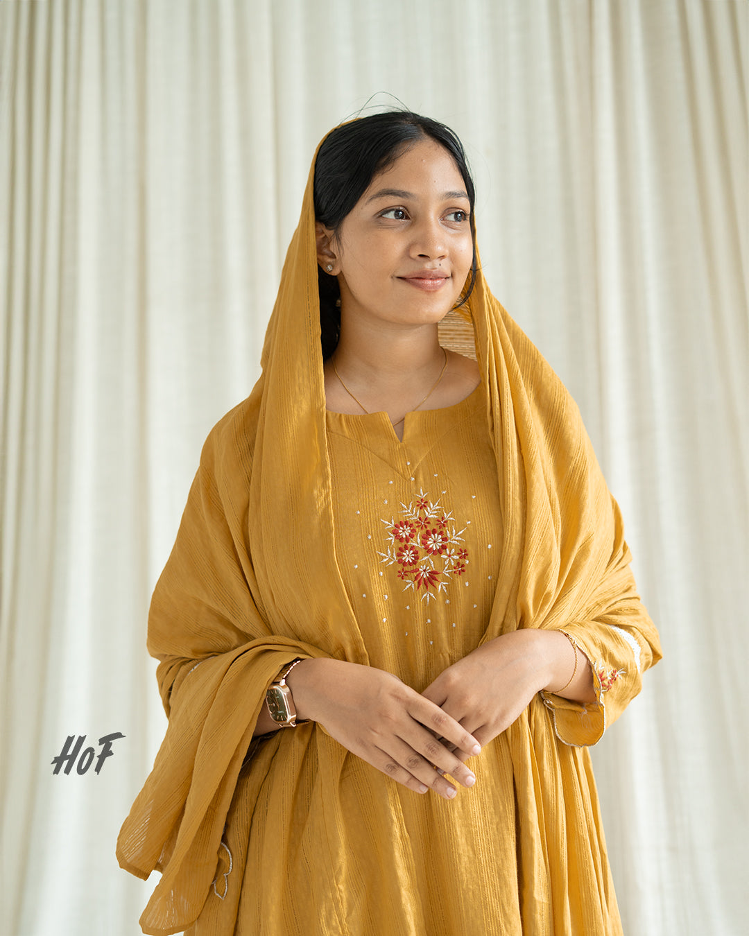 MyHof Mustard Yellow Suit With Floral Embroidery Set In Cotton