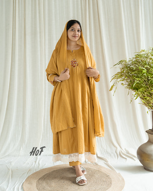 MyHof Mustard Yellow Suit With Floral Embroidery Set In Cotton