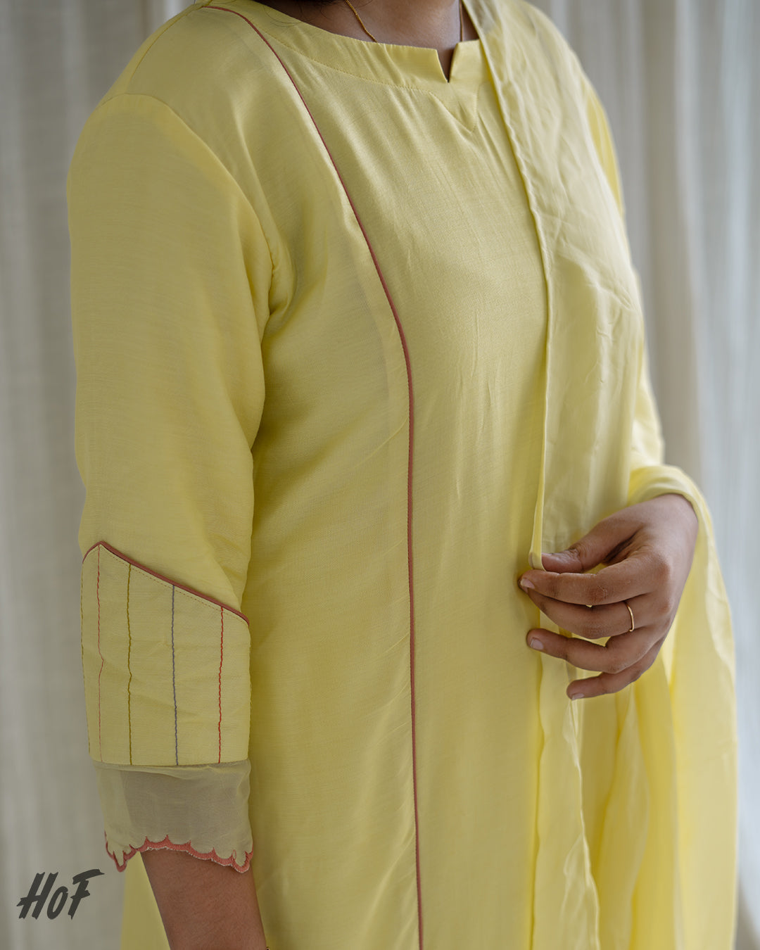 MyHof Lemon Yellow With Peach Piping  Suit Set In Muslin