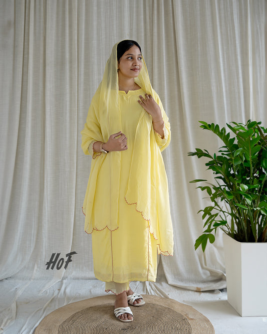 MyHof Lemon Yellow With Peach Piping  Suit Set In Muslin