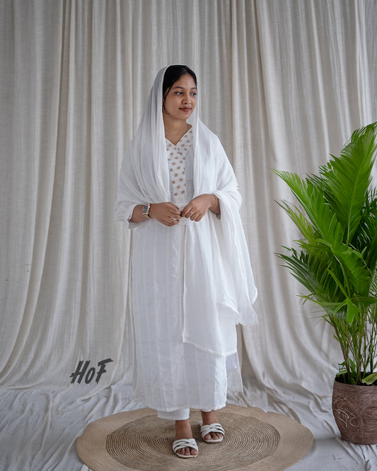 MyHof White Suit Set With Tiny Golden Line In Muslin