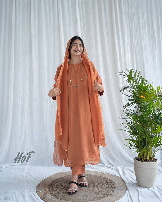 MyHof Rust Orange Hand Embroidery Suit Set In Organza