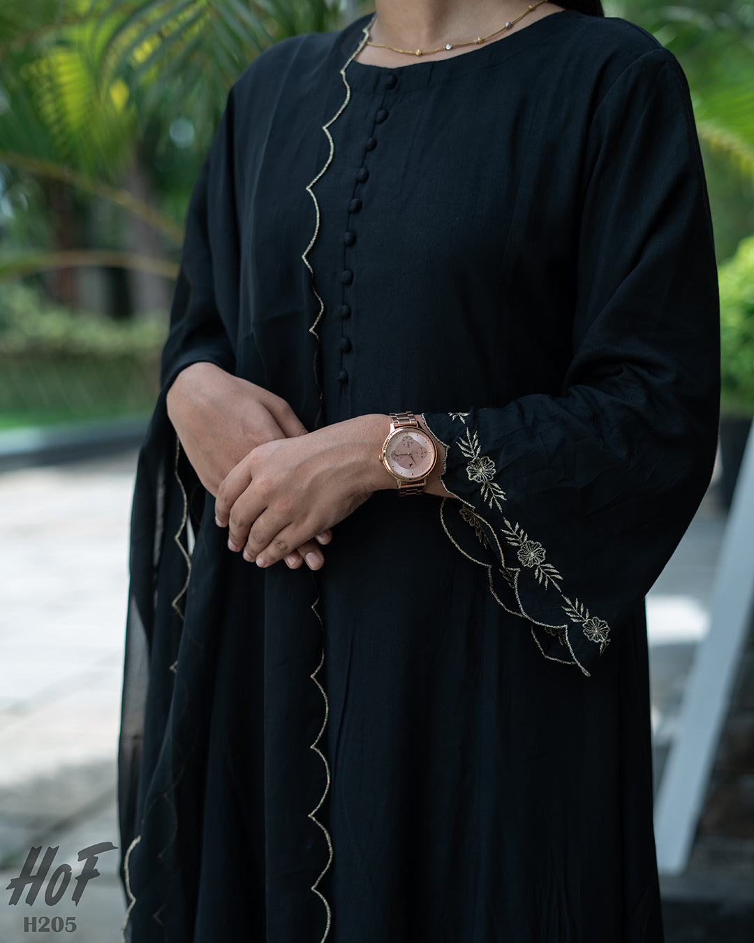 MyHof Black Suit Set With Golden thread Work In Muslin