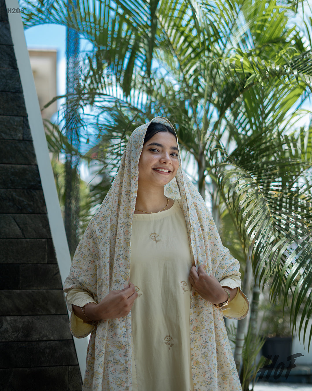 MyHof Dusty Yellow Suit Set With Floral Printed Dupatta In Cotton