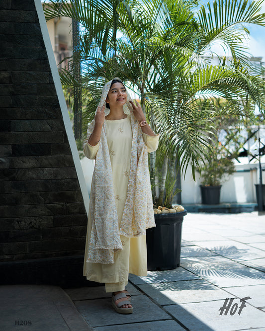 MyHof Dusty Yellow Suit Set With Floral Printed Dupatta In Cotton