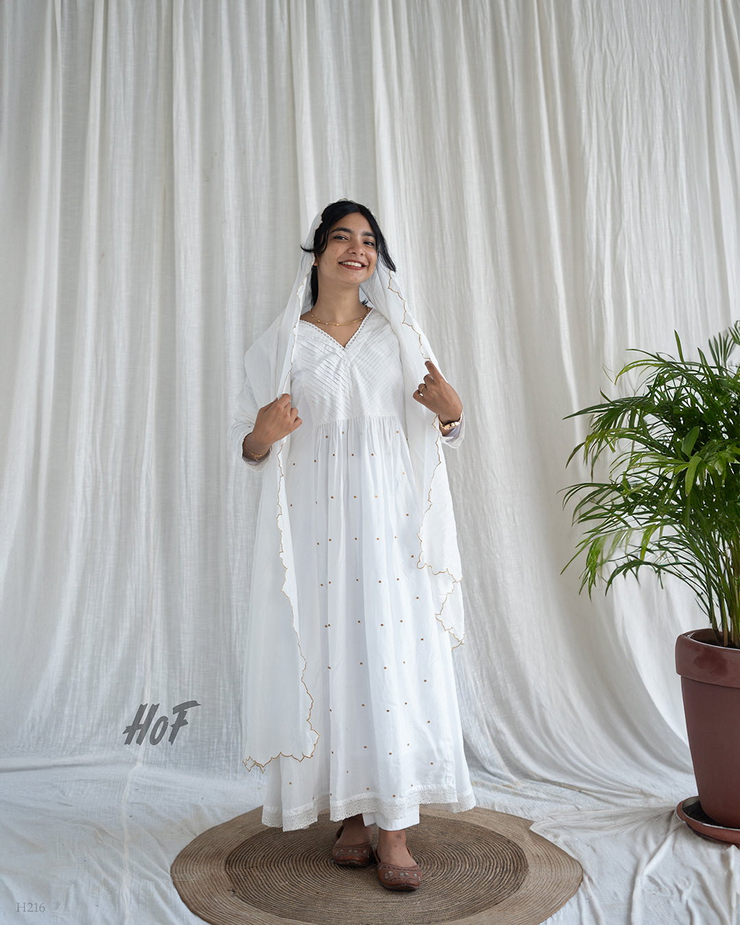 MyHof White Suit Set With Golden Thread Work In Muslin