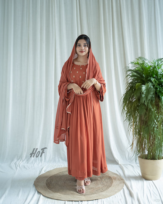 MyHof Brick Red Suit Set With Thread Work In Georgette