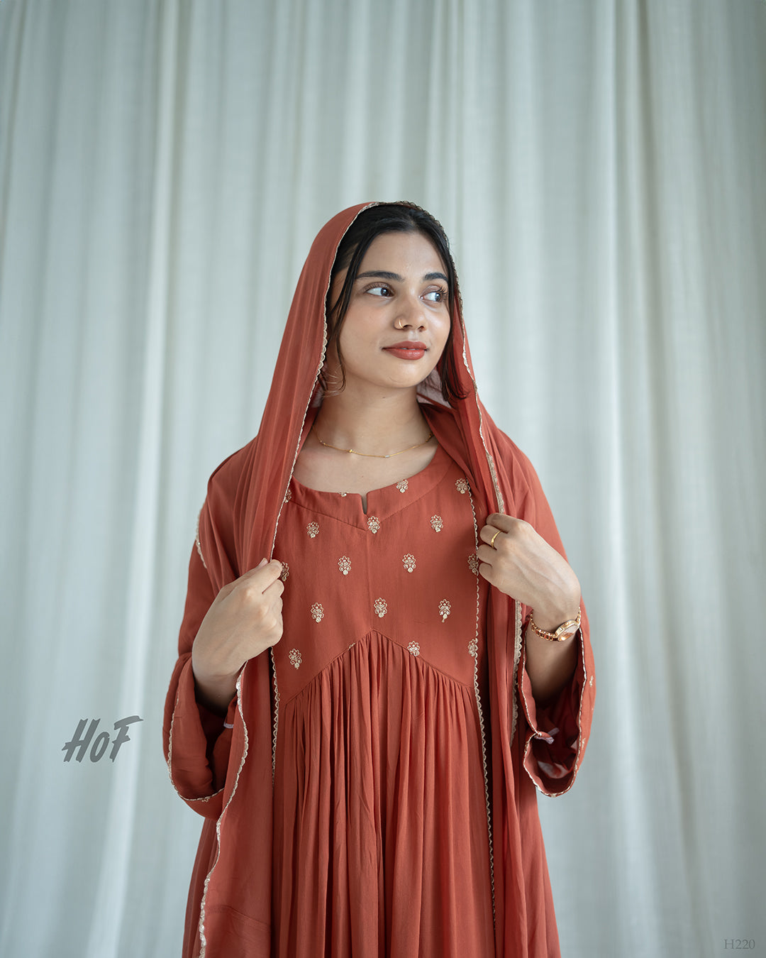 MyHof Brick Red Suit Set With Thread Work In Georgette