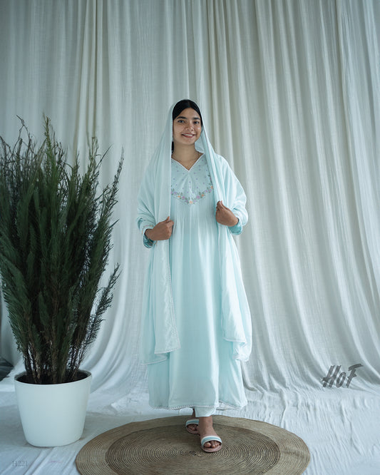 MyHof Powder Blue Suit Set With Floral Embroidery In Muslin