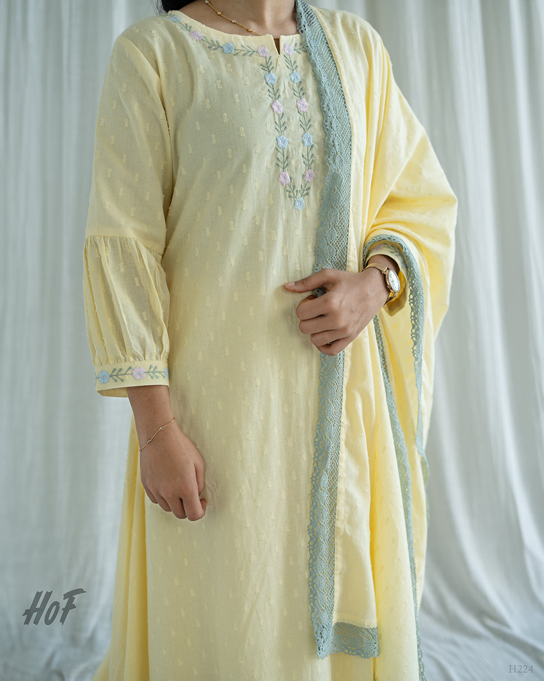 MyHof Yellow Suit Set With Floral Thread Work In Cotton