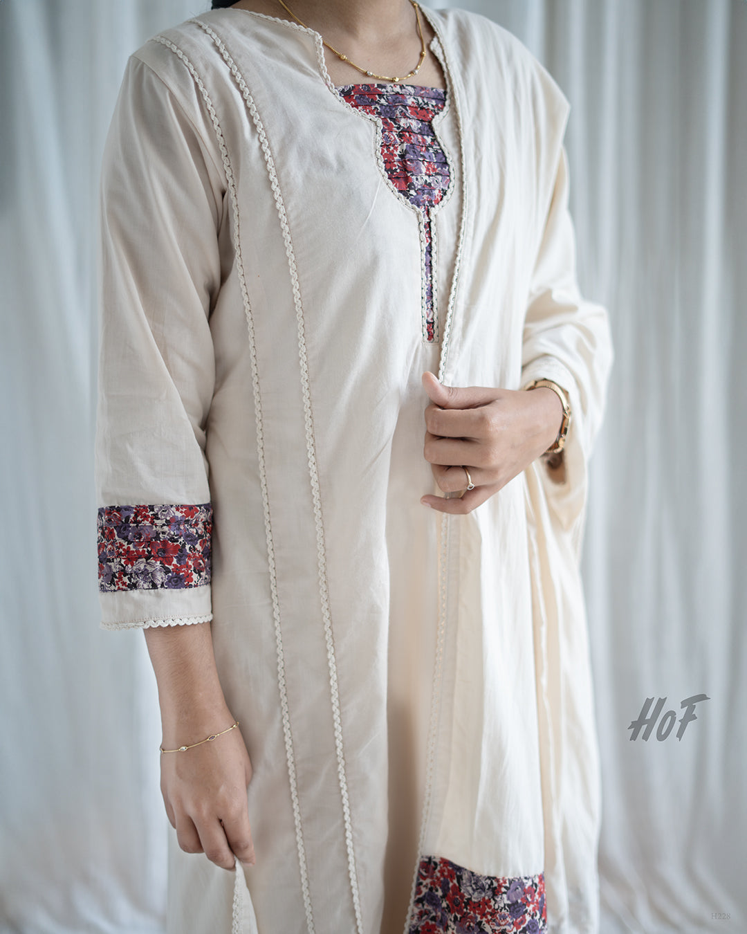 MyHof Cream Indo-Pak Suit Set In Cotton