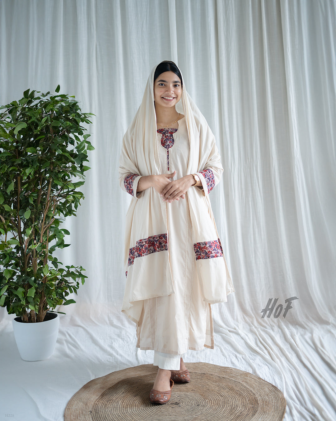 MyHof Cream Indo-Pak Suit Set In Cotton