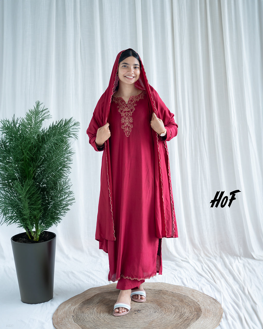 MyHof Bright Maroon Suit Set With Golden Thread Work In Muslin