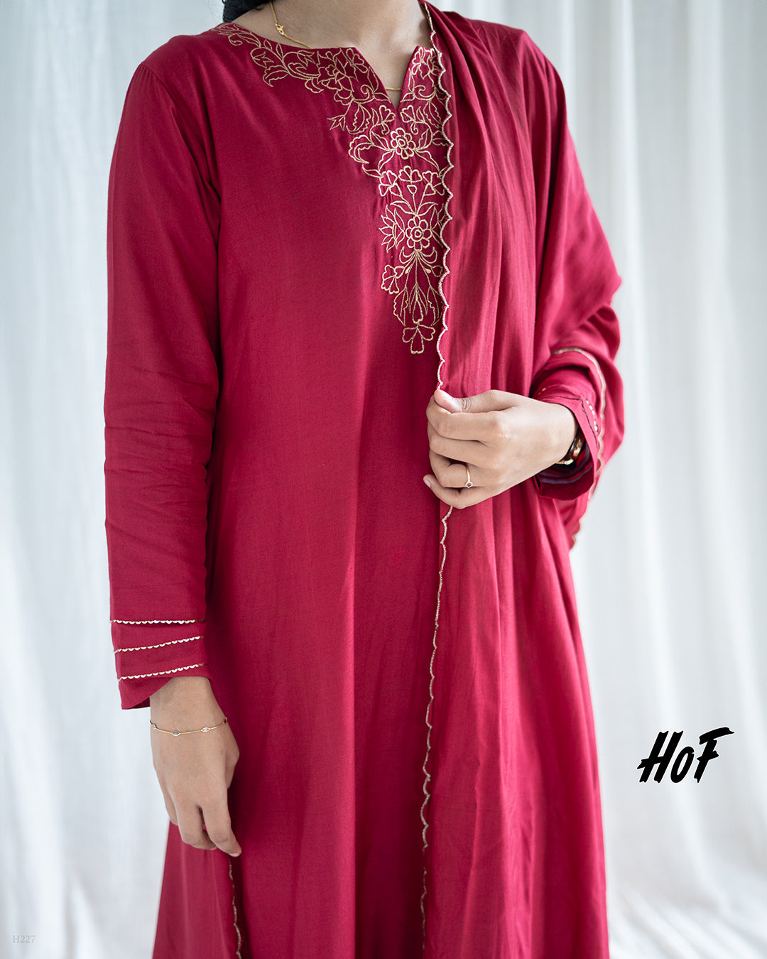 MyHof Bright Maroon Suit Set With Golden Thread Work In Muslin