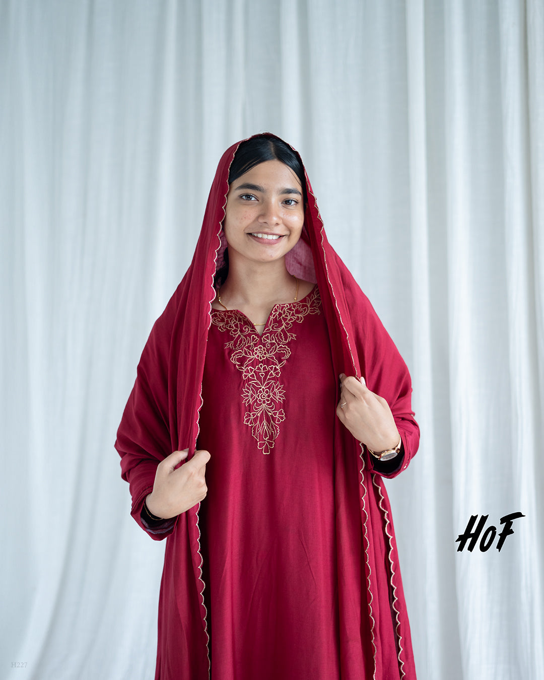 MyHof Bright Maroon Suit Set With Golden Thread Work In Muslin