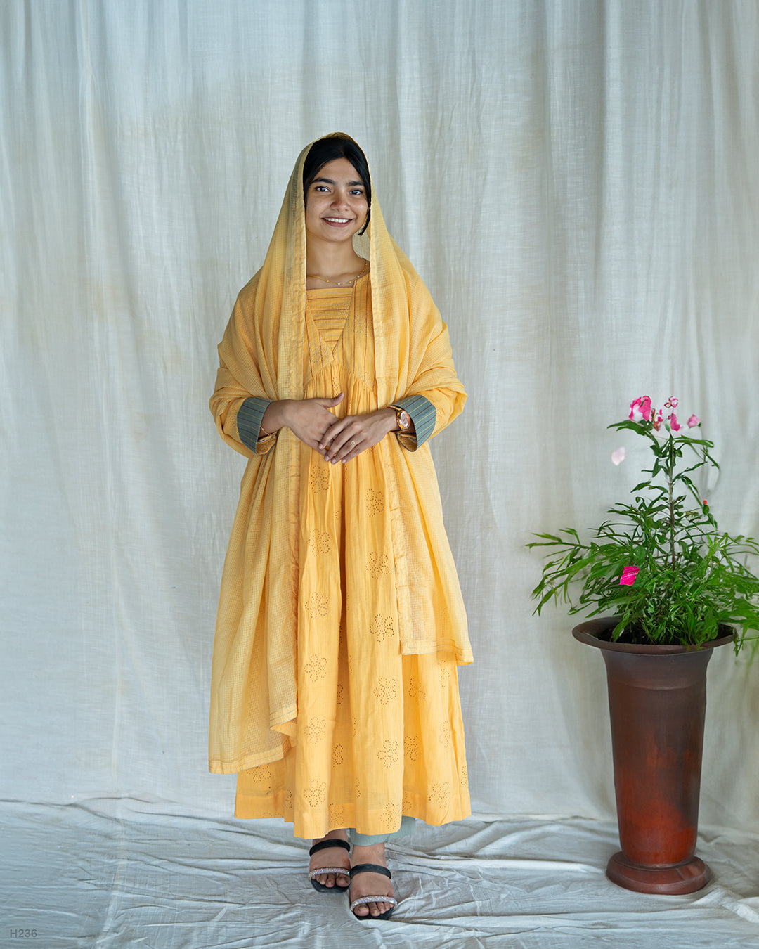 MyHof Mustard Yellow Anarkali Suit Set In Cotton Hakoba