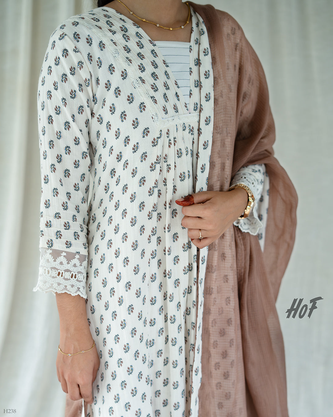 MyHof Milky White Suit Set With Choco Brown Dupatta In Cotton