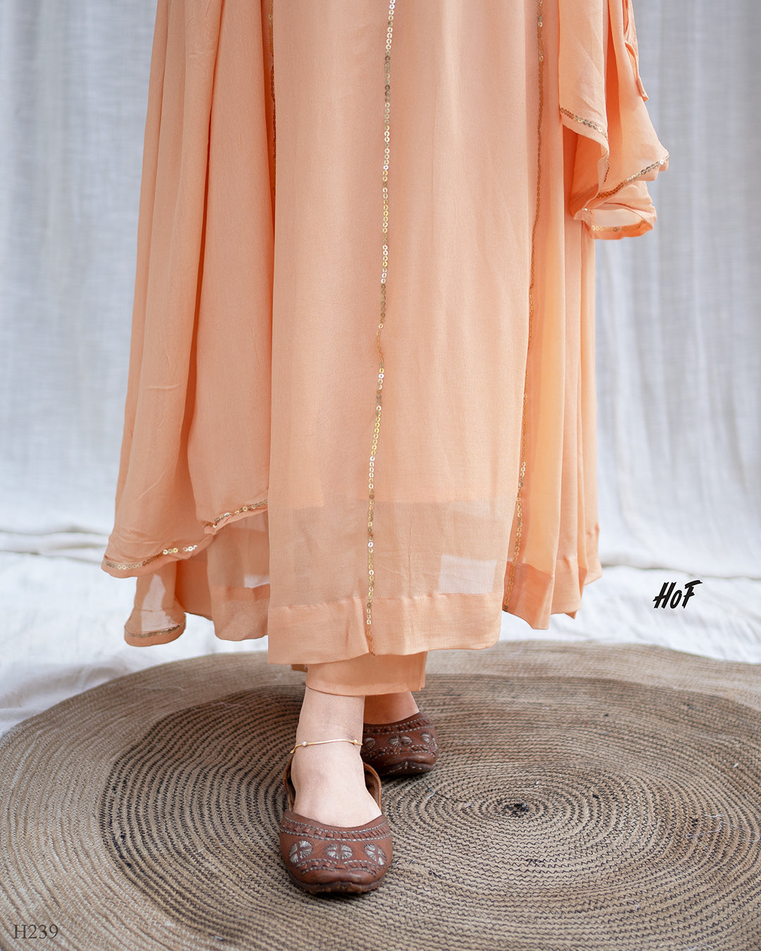 MyHof Peach Suit Set With Zeri Sequence Embroidery In georgette