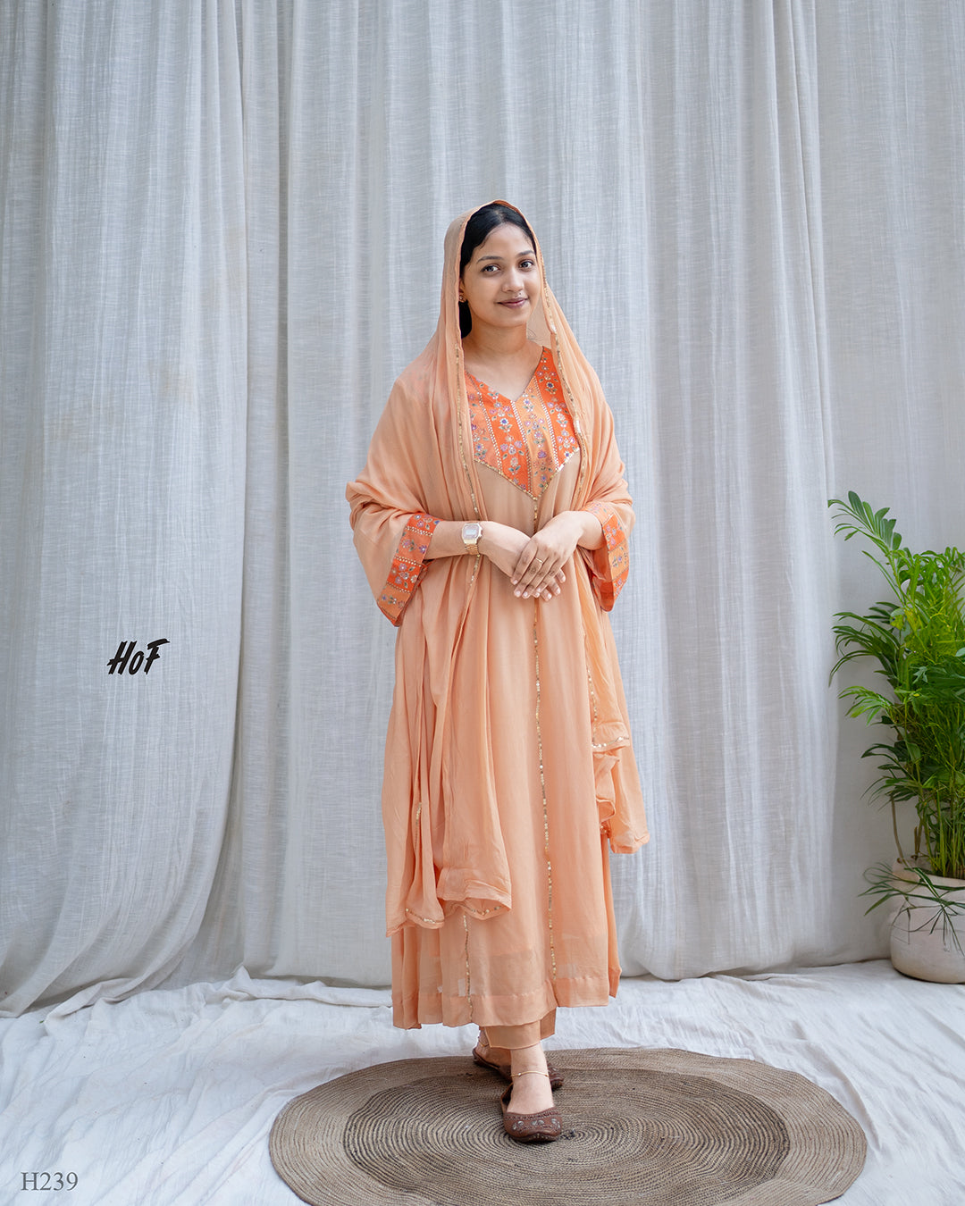 MyHof Peach Suit Set With Zeri Sequence Embroidery In georgette