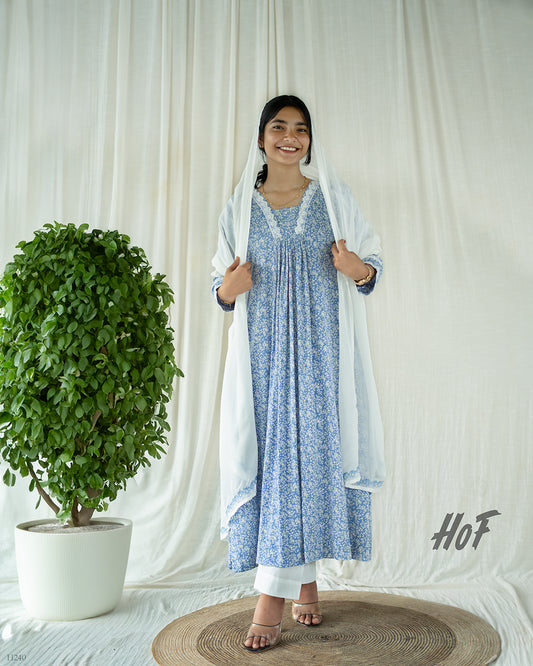 MyHof Printed Blue Flared Suit Set In Cotton