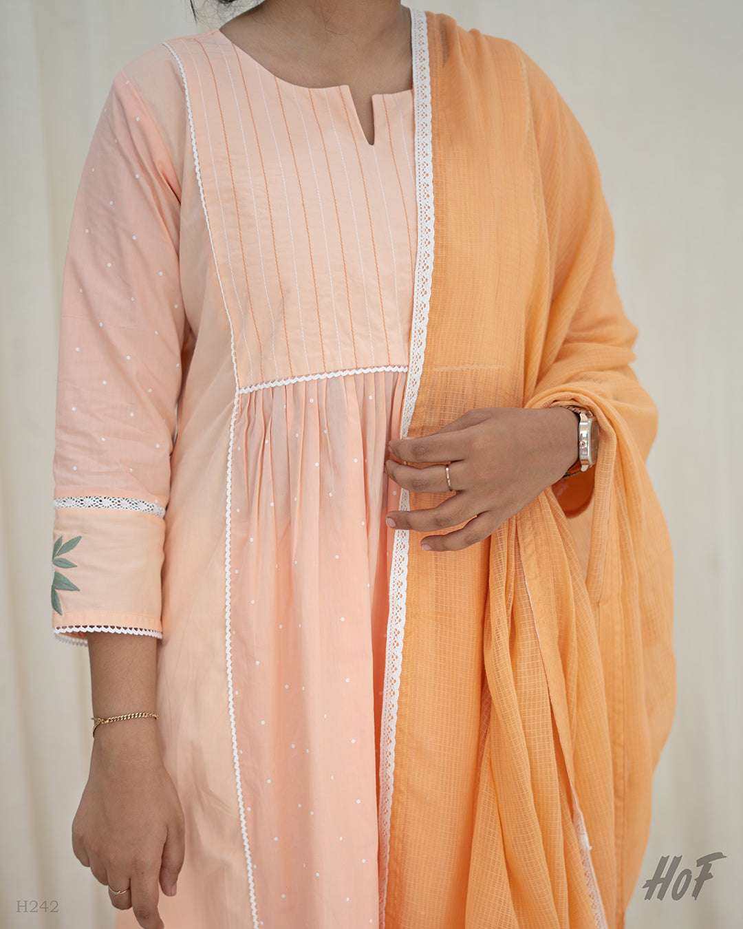 MyHof Peach Suit Set With Floral Embroidery In Cotton