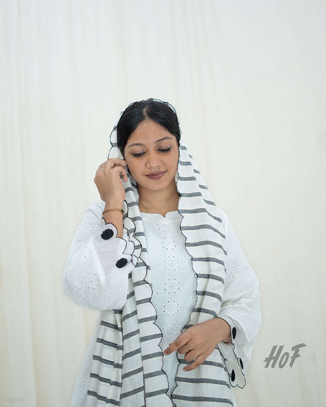 MyHof White Suit Set With Black Stripped Dupatta In Cotton Hakoba